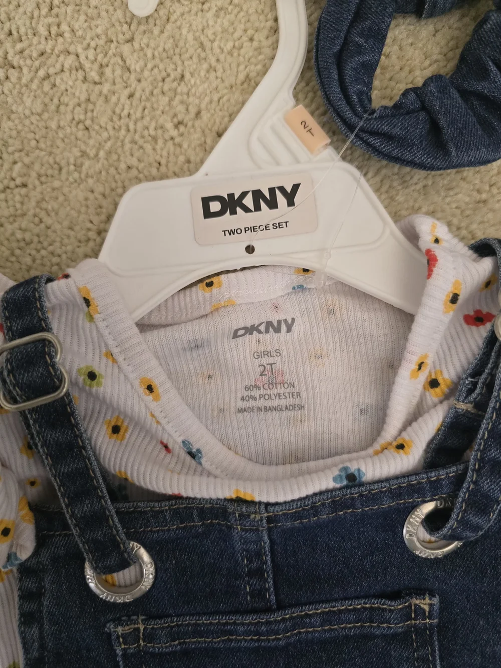 DKNY Dark Blue Denim Overall Dress with Floral Tee Shirt And Head Band Set